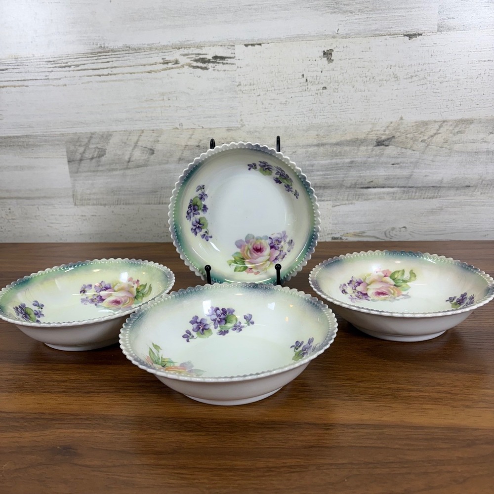 Antique PK Silesia Porcelain Green Pink Roses Floral Cereal Bowls 6" Diameter 4